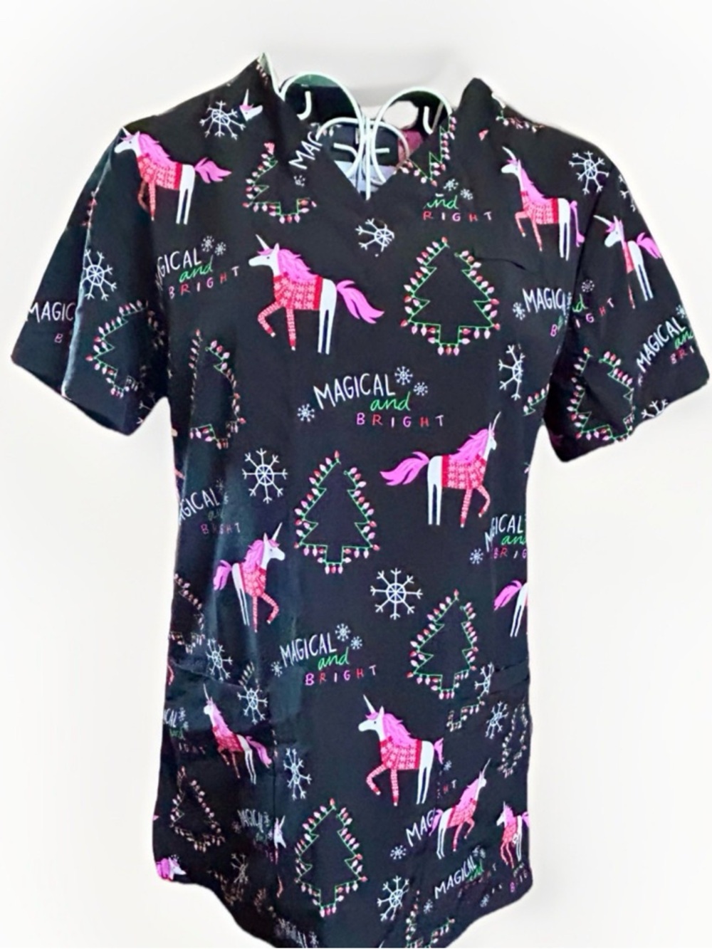 White Cross Merry & Bright Unicorn Scrub Top